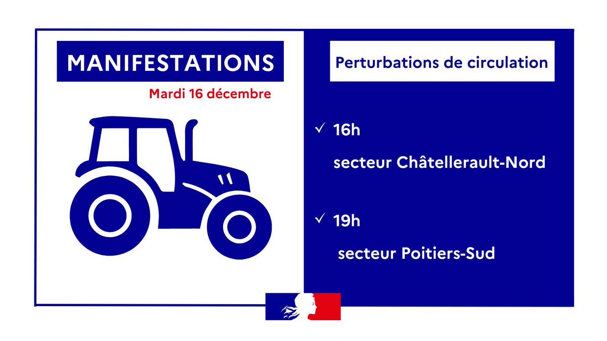 Image de Préfet de la Vienne - 🚧 Manifestations agricoles – circulation perturbée 

Mardi 1️⃣6️⃣ décembre, des manifestations sont