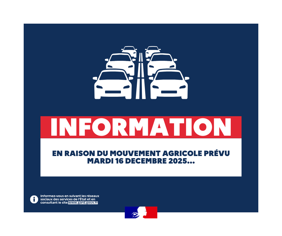 Prefet30's tweet photo. #Manifestation ⚠️ En raison du mouvement agricole, déclaré en préfecture, il est à prévoir des perturbations sur l’ensemble du réseau routier du #Gard mardi 16 décembre 2025.

👉Pour suivre l'évolution de la situation, n'hésitez pas à suivre nos réseaux sociaux et https://t.co/kUBfjKgN5V

@Interieur_Gouv  @gendarmerie030  @PoliceNat30  @pompiersdugard