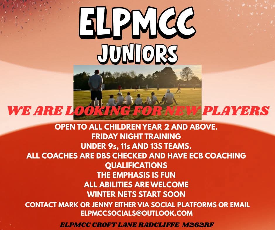 ELPMCC's tweet image. 🏏 JUNIOR CRICKET PLAYERS WANTED! 🏏

We’re looking for junior cricketers from School Year 2 and upwards 👦👧

✅ No experience needed
✅ Fun, friendly sessions
✅ Low cost
❄️ Winter nets start in January

📩 Message or email us for more information

Please retweet ❤️