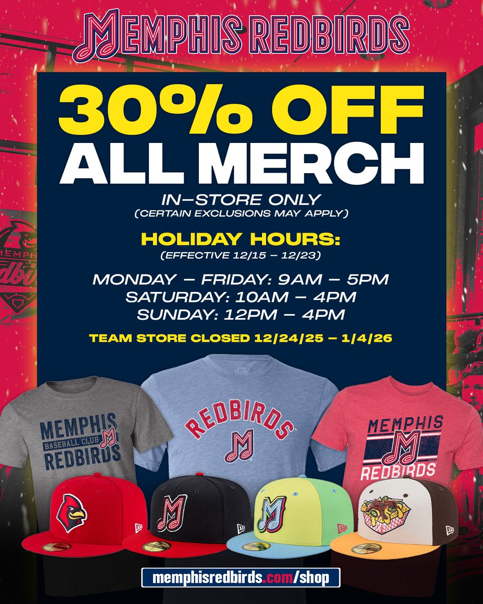 memphisredbirds's tweet photo. ποΈ HOLIDAY SALE: 30% OFF ALL MERCHANDISE! ποΈ
Stop by our team store and find the perfect gift for your Favorite Redbirds fan at 30% off! (in-store ONLY)
Be sure to check our holiday hours, as we will be closed from 12/24/25 through 1/4/26.
#GoBirds #TeamStore #HolidayShopping https://t.co/CzImhLMcs0