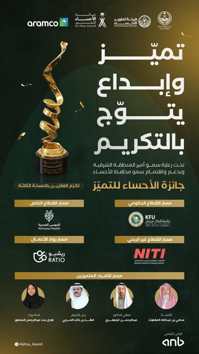 حين تتلاقى الرؤية مع العمل، يولد التميّز.

وفي نسختها الثالثة، احتفت جائزة الأحساء للتميّز بنخبة من المتوّجين الذين وضعوا بصمتهم في مختلف المجالات.