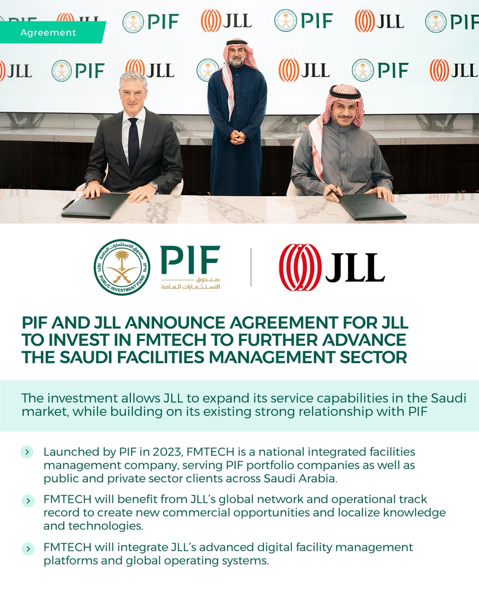 PIF_en's tweet photo. #PIF and JLL today announced @JLL is acquiring a significant stake in the Saudi Facility Management Company (FMTECH), #aPIFcompany. PIF will maintain a majority stake in FMTECH. The transaction is expected to close subject to customary closing conditions.
Learn more: https://t.co/Xqcc1iWKur