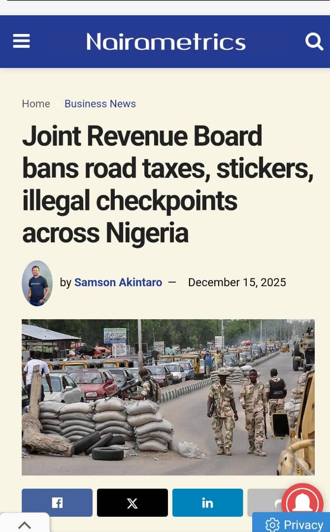 The Joint Revenue Board (JRB), formerly known as the Joint Tax Board (JTB), has placed a nationwide ban on the collection of road taxes, levies, and related charges through checkpoints, including the use of road stickers by state and non-state actors as part of efforts to