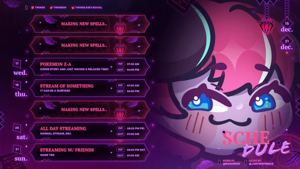 twinersVT's tweet image. Schedule for the week! Power is out on Tuesday so no stream