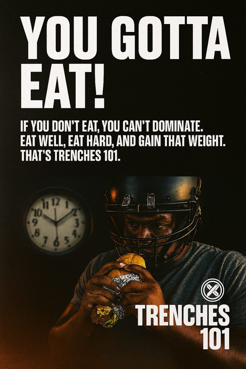 Trenches_101_X's tweet photo. "Being a lineman ain’t just about size it’s about fuel.  
You can’t dominate the trenches on empty.  
Every bite builds power. Every meal is a rep.  
Eat clean, eat heavy, and eat often. That’s how you gain, recover, and stay violent off the ball."

#YouGottaEat 
#fyp #explore https://t.co/cME7lvfZlh