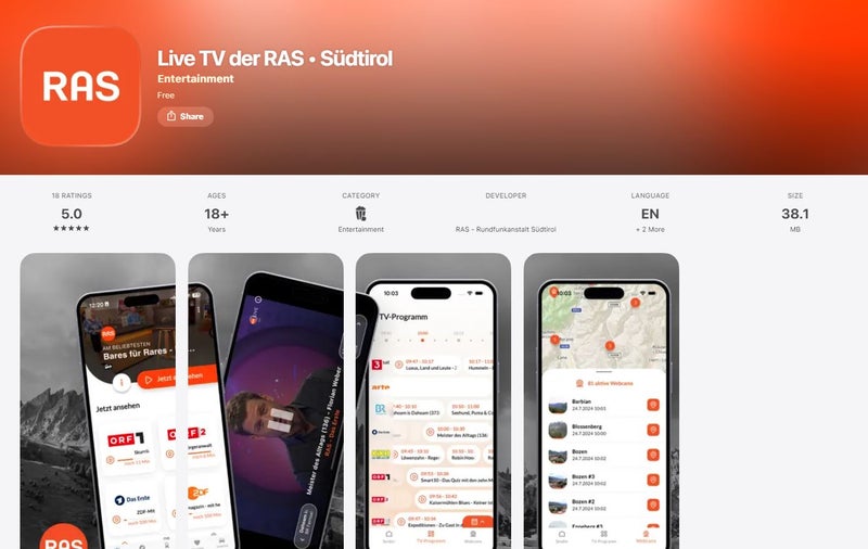 Relaunch der RAS-App mit neuen Funktionen für besseres Nutzererlebnis

Zu den wichtigsten Neuerungen gehören:

Rai Südtirol und Schweizer Programme 
Zweikanalton
aktuelle Sendung von Anfang an erneut abspielen
99 Webcams, 
Sendungen im Terminkalender vormerken