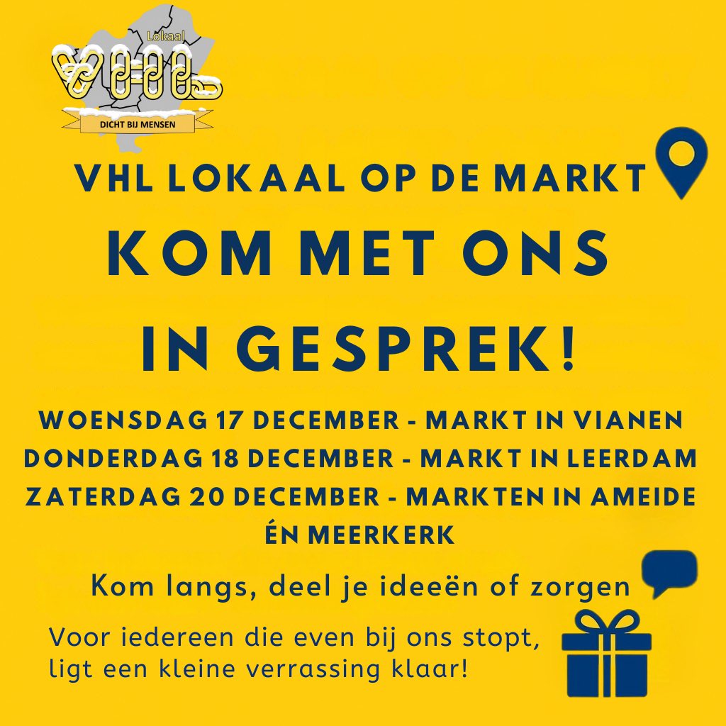 📍 VHL Lokaal op de markt – kom in gesprek!

Deze week staan we op markten in Vijfheerenlanden.👋

🗓 Wo 17/12 – Vianen
🗓 Do 18/12 – Leerdam
🗓 Za 20/12 – Ameide &amp; Meerkerk

💬 Ideeën, zorgen of gewoon een praatje? Kom langs!
🎁 verrassing voor iedereen die stopt!

#VHLokaal
