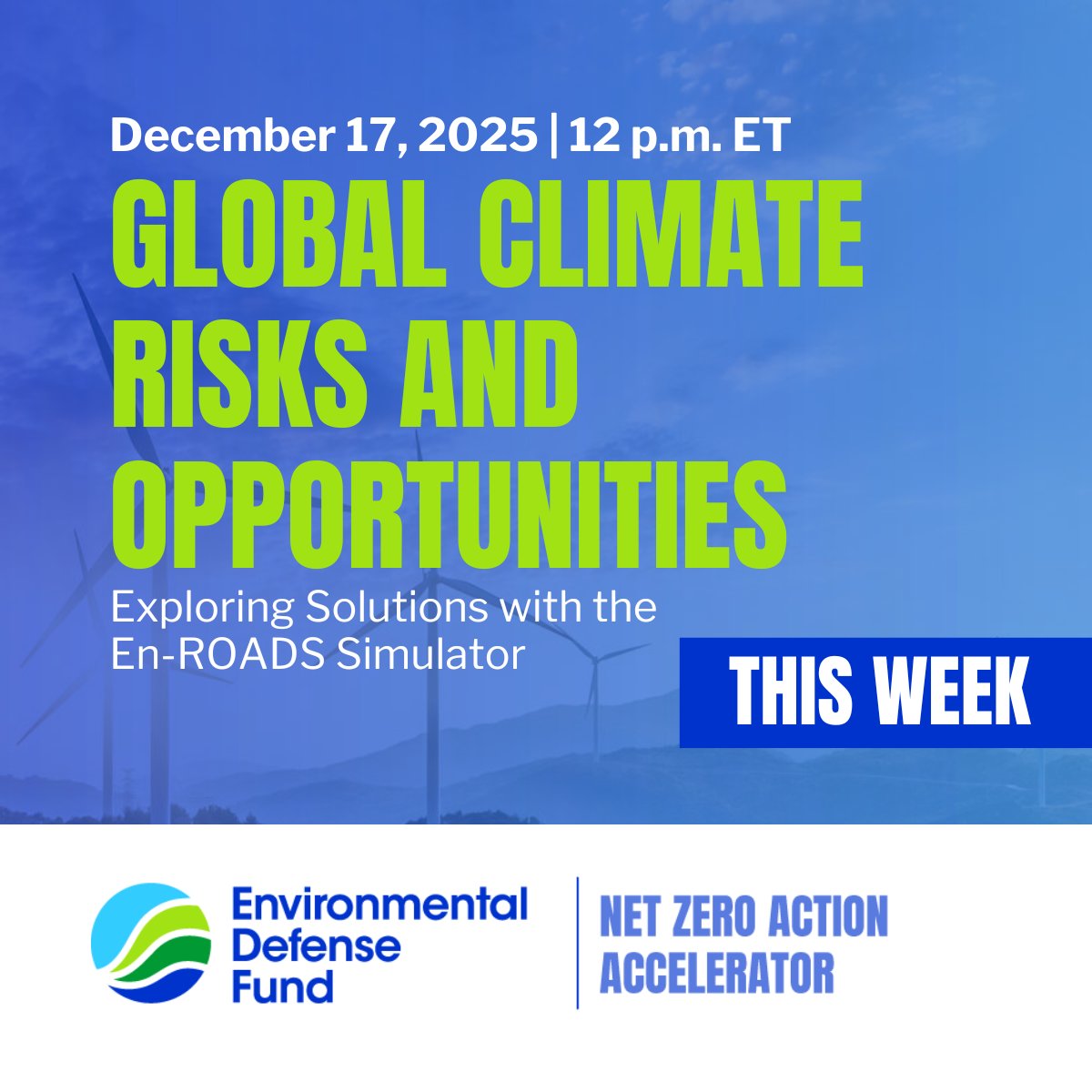 EDFbiz's tweet image. Reminder 🗓️: Join our interactive EDF NZAA session on Wed., Dec. 17! We'll use the En-ROADS simulator from @climateinteract &amp;amp; @MITSloan to model how renewables, carbon removal &amp;amp; other strategies impact our climate future. 🔗: edf.zoom.us/webinar/regist… #NetZero #EnROADS