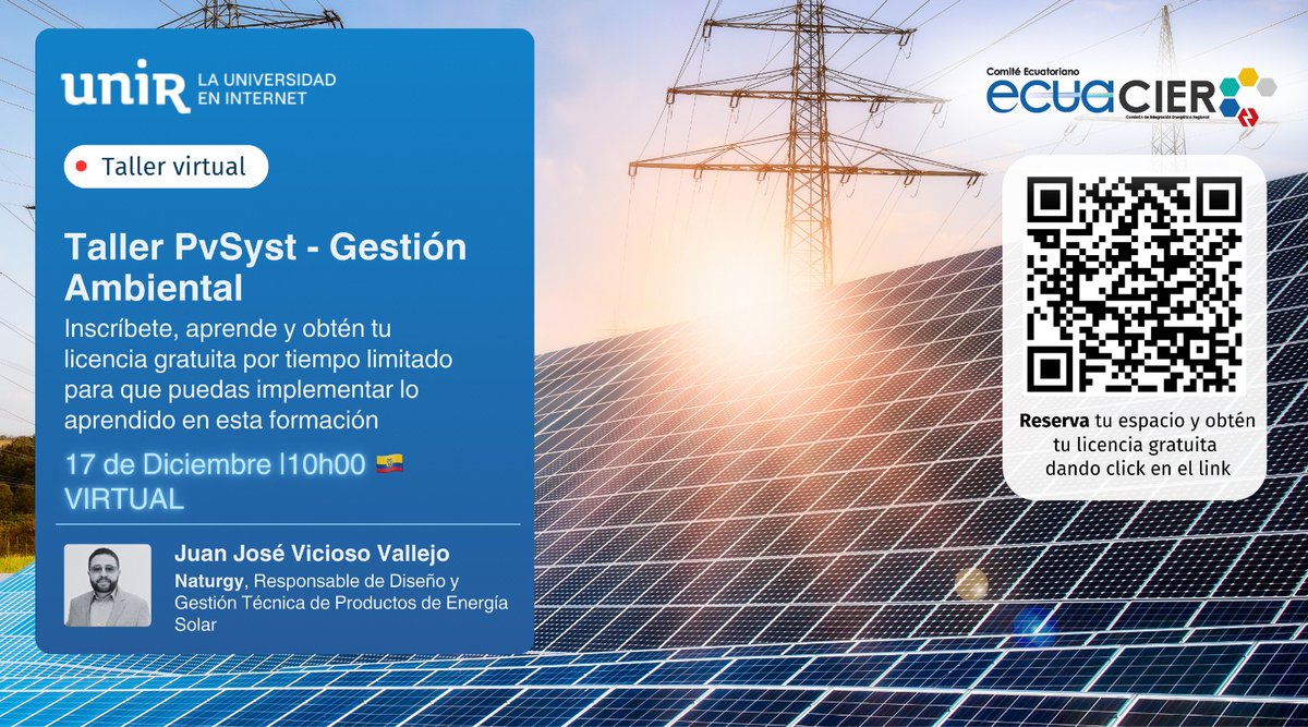 ⚡🌱 Taller GRATUITO PVsyst – Gestión Ambiental 🌱⚡
💻 Diseña y simula sistemas solares con PVsyst
🎁 Licencia GRATIS por 2 meses
📅 17 dic | 🕙 10h00 (ECU)
🎓 Juan José Vicioso – Naturgy
🚨 Cupos limitados (100)
👉 Inscríbete con el QR
#EnergíaSolar #PVsyst