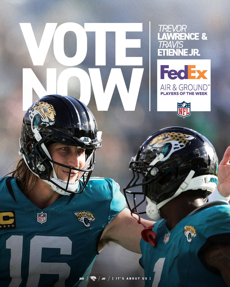 Jaguars's tweet photo. Special delivery 📦

Vote for @trevorlawrence and @swaggy_t1 for @FedEx Air &amp; Ground Players of the Week❗: https://t.co/8dV660dAAQ https://t.co/WDIWjNiTva