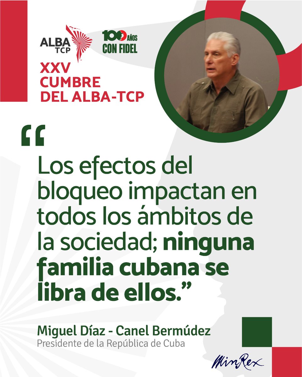<a href="/DiazCanelB/">Miguel Díaz-Canel Bermúdez</a> „Die Auswirkungen der Blockade betreffen alle Bereiche der Gesellschaft; keine kubanische Familie bleibt davon verschont." #XXVALBATCP #TumbaElBloqueo #UnblockCuba #USA #LetCubaLive
misiones.cubaminrex.cu/de/articulo/re…