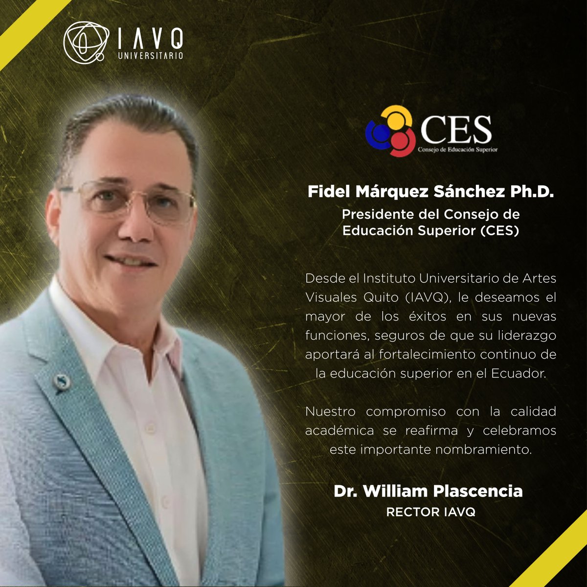 El IAVQ felicita a <a href="/fmarquez1962/">Fidel Márquez Sanchez</a> por su nombramiento como Presidente del Consejo de Educación Superior (CES).

Confiamos en que su liderazgo fortalecerá la educación superior del país y reafirmamos nuestro compromiso con la calidad académica.

#CES #EducaciónSuperior #IAVQ