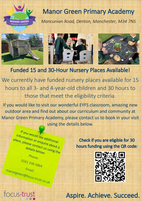 MrPollardMG's tweet photo. We have funded 15 and 30-hour nursery places for 3 and 4 year olds available in our wonderful EYFS at
@TeamManorGreen!  Please find all the details attached below.
@newsintameside
@TamesideCorr 
@FocusTrust1 https://t.co/HAUJTqoAPa