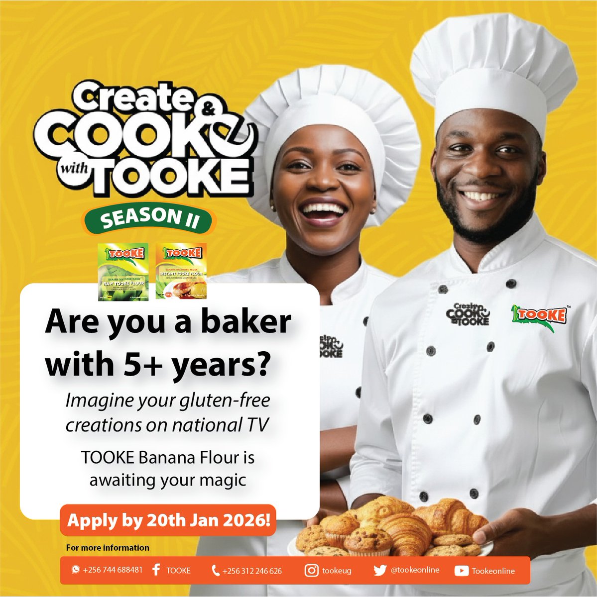birdcuganda's tweet photo. @birdcuganda is Calling upon all experienced bakers and passionate cooks! 🍞👩🏽🍳
Are you a baker with 5+ years of experience, or a skilled cook who loves creating magic in the kitchen? This is your moment!
Create & Cook with TOOKE is a high-profile cooking competition celebrating bold, creative gluten-free recipes using TOOKE Green Banana Flour with a chance to showcase your talent on national TV.
Win exciting prizes, and gain powerful exposure. If you’re ready to turn your skills into a spotlight moment, we want you!
Apply now using the link below and take your place in this exciting culinary journey.
⏰ Deadline: 20th January 2026
Apply here: https://t.co/1C1w2MTK4t