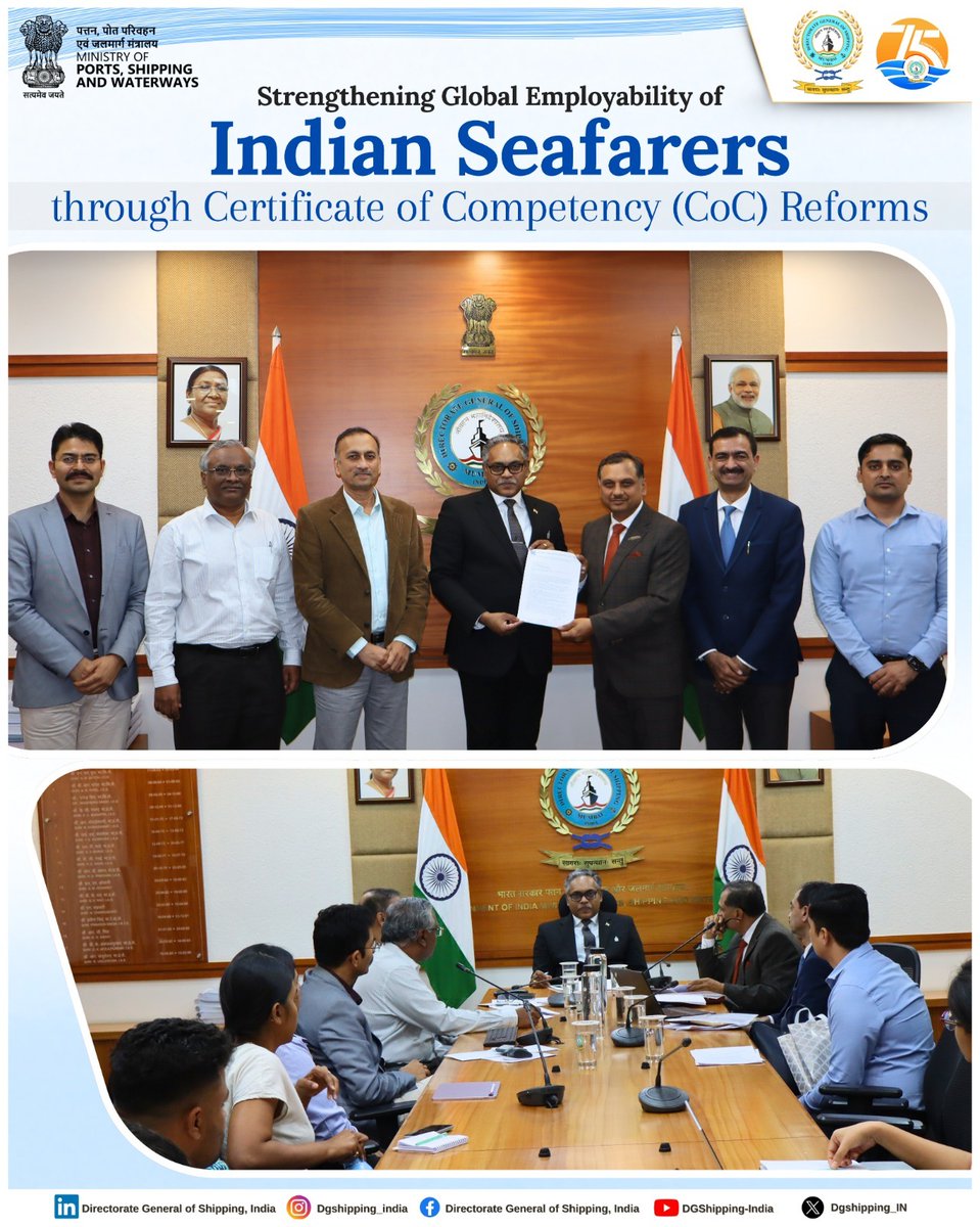 DGMA_India's tweet photo. Expanding Employment Opportunities for Indian Seafarers through CoC Reforms

The Directorate General of Shipping held a focused discussion with Capt. Sanjay Prashar, CEO – VR Maritime Services Pvt. Ltd., on expanding employment opportunities for Indian seafarers through reforms in the Certificate of Competency (CoC) examination ecosystem.

India is charting a decisive course to strengthen the global presence of Indian seafarers by reforming and streamlining the CoC examination system.

Currently, Indian seafarers constitute ~12% of the global maritime workforce. With targeted improvements in the CoC examination system and career progression pathways, India aims to increase this share to 20%, translating into approximately 2.2 lakh additional seafaring jobs over the next 1,800 days—without compromising on quality, safety, or competency standards.

Discussions highlighted the need to remove procedural bottlenecks, improve exam frequency, timelines, and transparency, and align Indian certification processes with international best practices, while retaining the robustness of Indian maritime training.

Focus areas included faster CoC issuance, fair and predictable examination scheduling, modernised syllabi aligned with contemporary shipboard technologies, and stronger feedback and grievance-redressal mechanisms for seafarers.

By enabling faster career progression for officers, improving transition pathways for ratings, and enhancing the efficiency of the examination and assessment framework, India can unlock large-scale employment opportunities—particularly on cargo vessels, where global demand for skilled officers continues to grow.

This strategic reform agenda reinforces India’s commitment to building a future-ready maritime workforce, enhancing employability, and positioning Indian seafarers as a preferred global talent pool.

@VRMaritime199 @PrasharSdp 
#DGShipping #IndianSeafarers #MaritimeEmployment #CertificateOfCompetency #CoCReforms #SeafarerCareers #MaritimeTraining #SkillIndia #GlobalShipping #EaseOfDoingMaritime