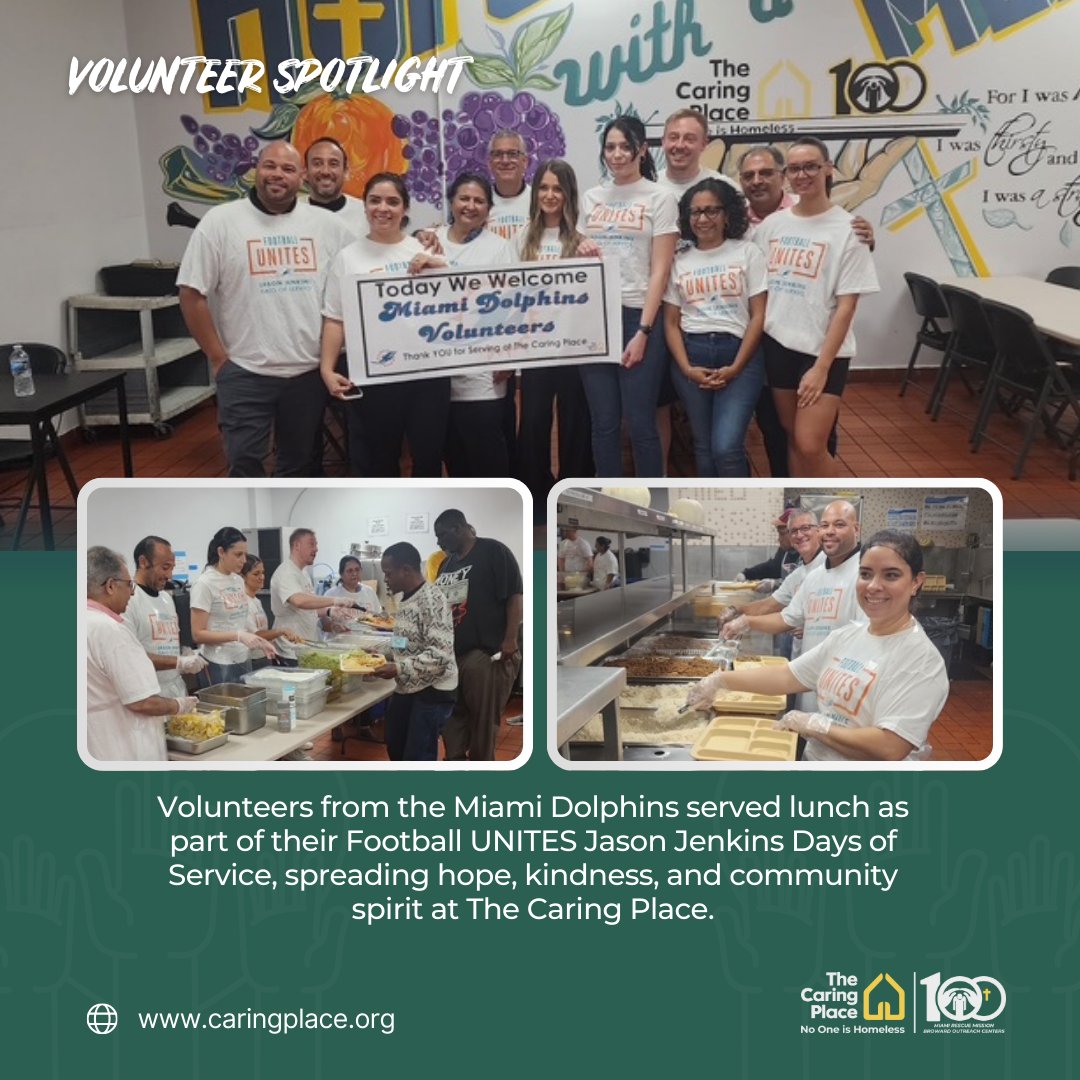No1isHomeless's tweet image. Volunteers from the Miami Dolphins served lunch as part of their Football UNITES Jason Jenkins Days of Service, spreading hope, kindness, and community spirit at The Caring Place. #No1IsHomeless #ICare