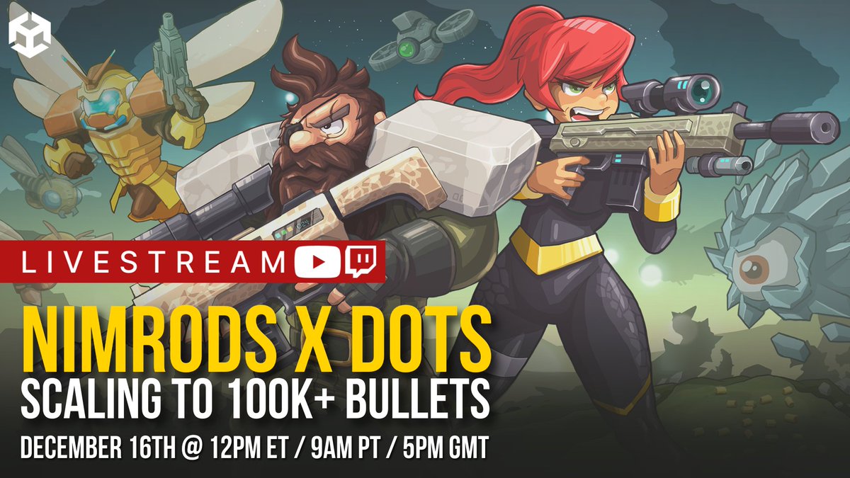 unitygames's tweet image. NIMRODS is all about chaos, gun crafting, and massive bullet storms.
 
Join the devs as they show how Unity DOTS powers their survival roguelike, scaling to more than 100,000 bullets and enemies without slowing down.

📅 December 16 @ 12pm ET / 9 am PT / 5 pm GMT
📺…
