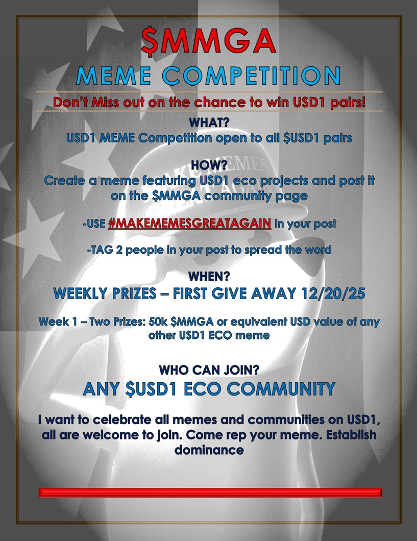 showthewayup's tweet image. I just want some great memes.

Starting weekly meme competitions. 

See the picture for description!

First give away 12/20/25

POST SOME MEMES IN THE COMMUNITY

I want to laugh

Will continue to build as we go, reach out if you would like to help organize or judge.

$MMGA