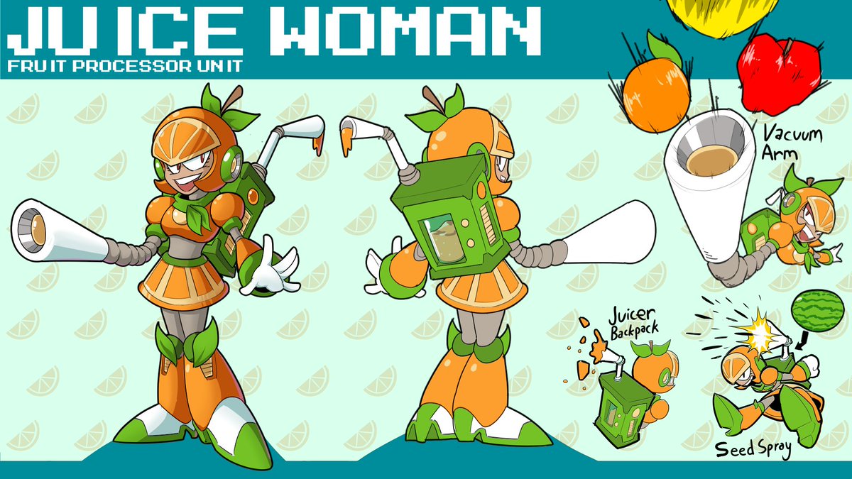 Name: Juice Woman

A walking drink dispenser, Juice Woman is capable of making the perfect blend of juice that suits each taste of her customers.

Pen Name : Karakato 

#MegaManDO #DesignARobotMaster