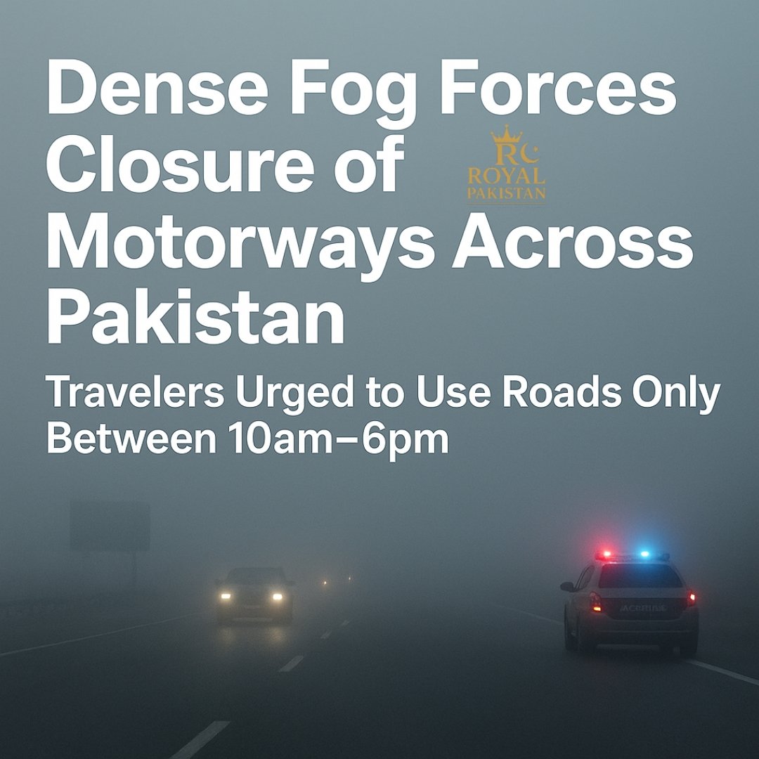 HadiAbdul11922's tweet image. Dense fog has forced the closure of several motorways across Pakistan as visibility drops to unsafe levels.

Motorway Police advise travel only between 10am–6pm until conditions improve.

#DenseFog #MotorwayUpdate #PakistanNews #TravelAdvisory #MotorwayPolice