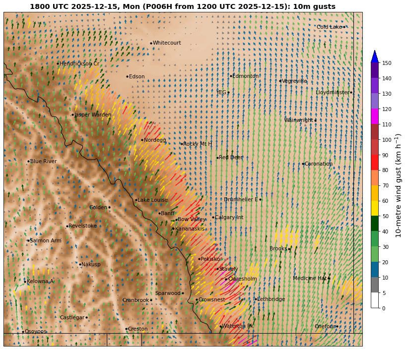 Textbook setup for truck-tipping winds in southern Alberta today.

Severe downslope winds east of the Porcupine Hills, with peak gusts in excess of 120km/h - especially from late morning through mid-afternoon.

Tipping trucks possible in the Stavely - Fort Macleod corridor. 

Use