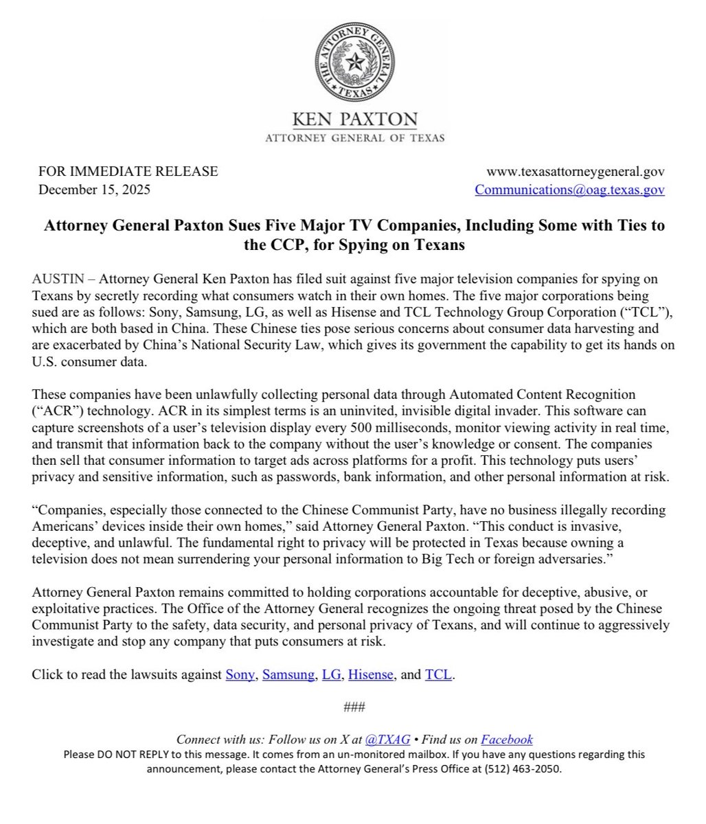 KenPaxtonTX's tweet image. NEW: I'm suing five major TV companies, including some with ties to the CCP, for spying on Texans.

Companies, especially those connected to the Chinese Communist Party, have no business illegally recording Americans’ devices inside their own homes.