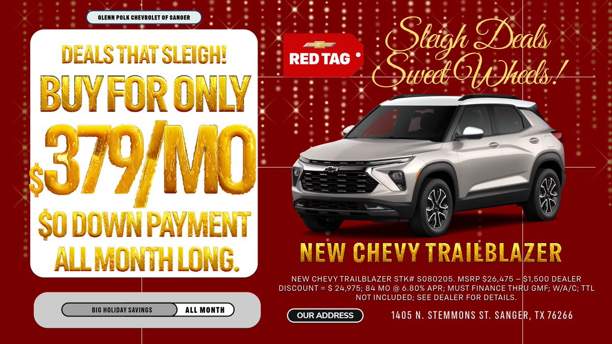 GPolkAutoplex's tweet image. Sleigh deals on sweet wheels like our new Chevy Trailblazer inventory!
Browse current inventory today at  glennpolksanger.com/searchnew.aspx…
#gpolk #sangertx #chevytrailblazer #sleighdeals #sweetwheels #LimitedTimeOffer