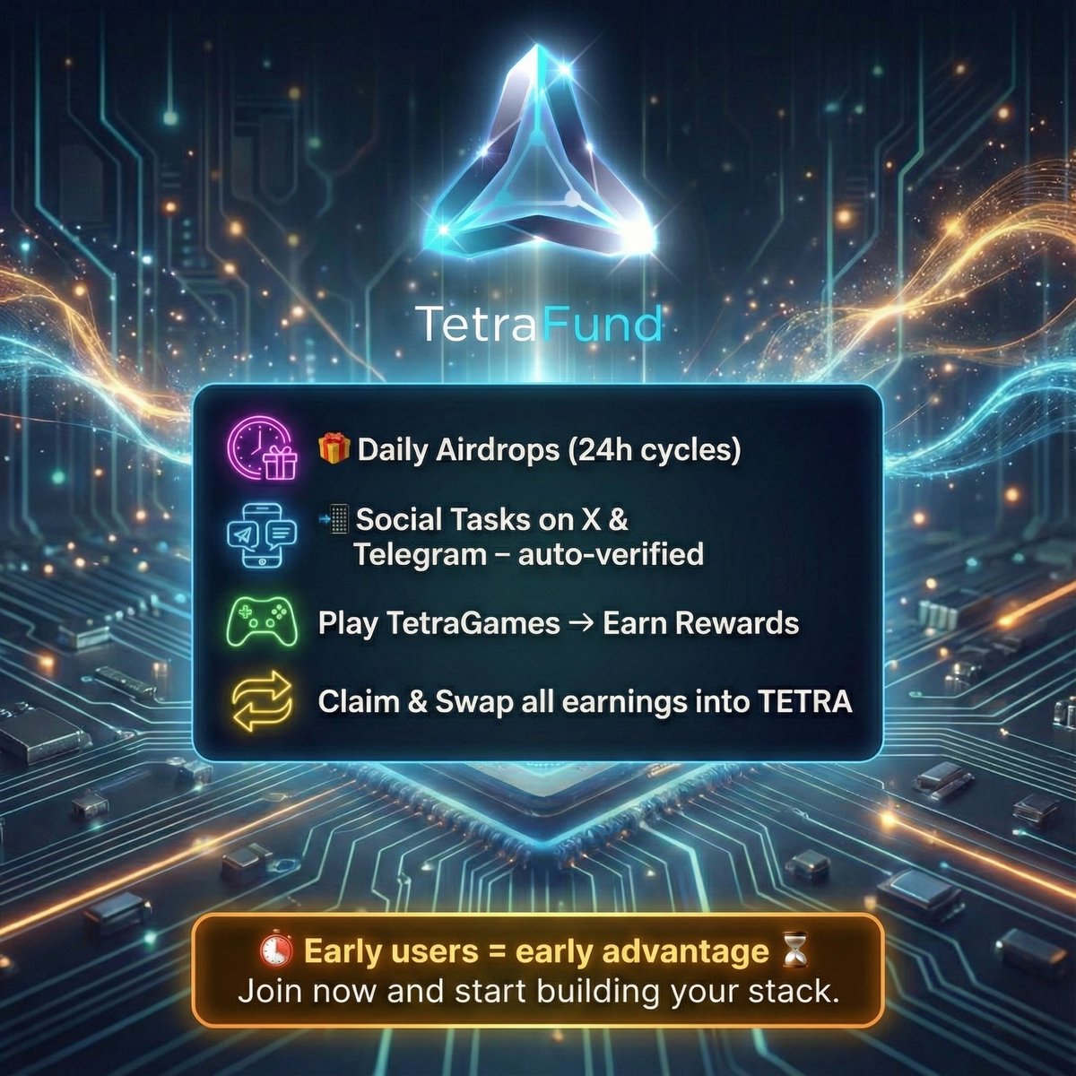 🚀 Don’t miss the early wave of TetraFund.

Earn TETRA tokens daily with a next-gen ecosystem built for real engagement 👇

🎁 Daily Airdrops (24h cycles)
📲 Social Tasks on X &amp; Telegram – auto-verified
🎮 Play TetraGames → Earn Rewards
🔁 Claim &amp; Swap all earnings into TETRA