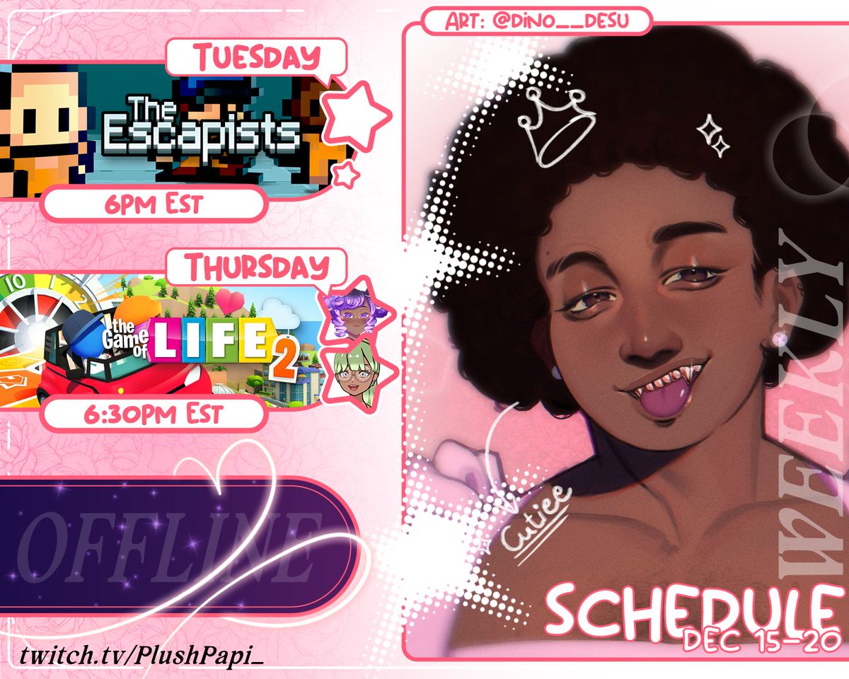 🌺 STREAM SCHEDULE 🌺

we're finally gonna break out the first prison in The Escapists this week. I PROMISE. also a board game collab with some new friends: @UshiLay &amp; <a href="/NoctuaAstrophel/">Noctua | Celestial Guardian Owl</a>! 🎲

come say hi to your house-husband. 💕