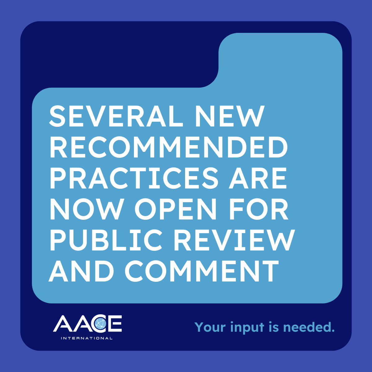 AACE_Tweets's tweet photo. AACE Members: Your input is needed!

Several new Recommended Practices are now open for public review and comment. If these topics matter to your work, take a moment to share your expertise:

👉 Review and comment here: https://t.co/stTHp662zb https://t.co/cbvmKGjFrM