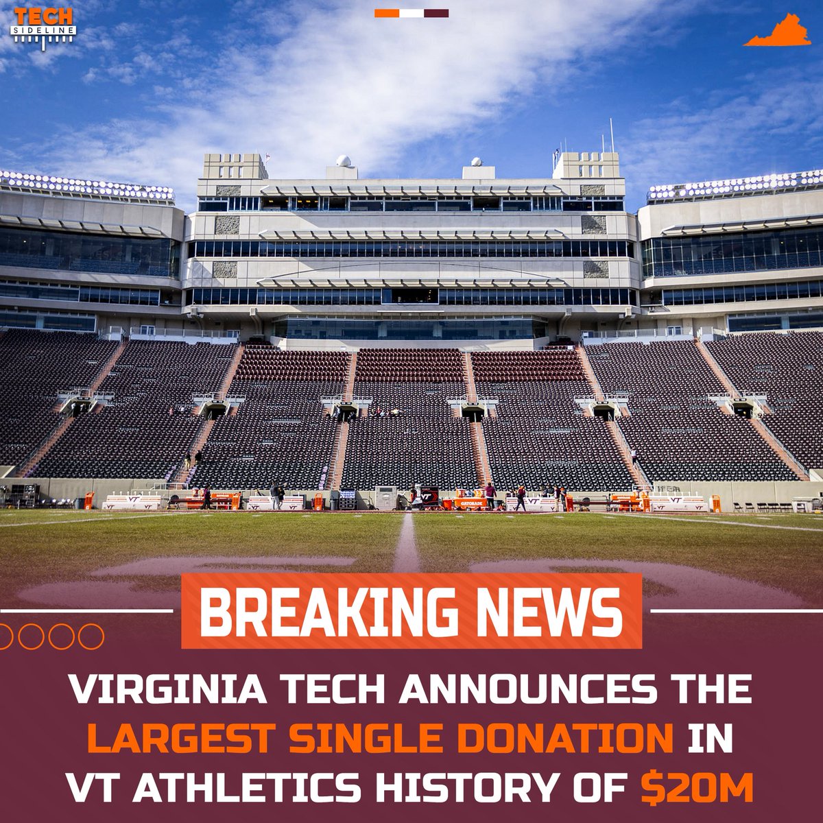 TechSideline's tweet image. BREAKING: The #Hokies announce a historic $20 million donation to Virginia Tech Athletics.

It is the largest single donation to Tech Athletics, ever.