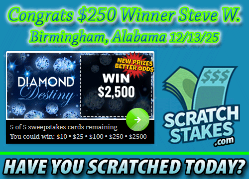 scratchstakes's tweet image. 🥳Congrats, $250 Diamond Destiny instant cash #Winner, Steve W. of Birmingham, Alabama, 12/13/25!💠

🤑Play 80 FREE #scratchoff #games, #win FREE Instant Cash up to $25,000!

🤔Have you scratched today?
👉 ow.ly/4iy750XJCZA