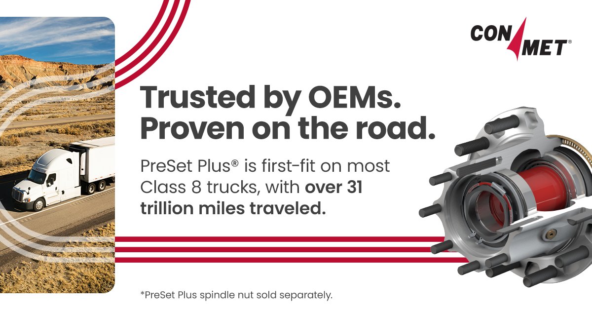 ConMet's tweet photo. With over 31 trillion miles traveled, PreSet Plus hub assemblies are the wheel end choice for nearly every major North American tractor and trailer OEM.
 
Replace with #PreSetPlus to keep your fleet running like new: https://t.co/Td0B0lV05O

#ConMet #PreSet https://t.co/ttEphPFcnK