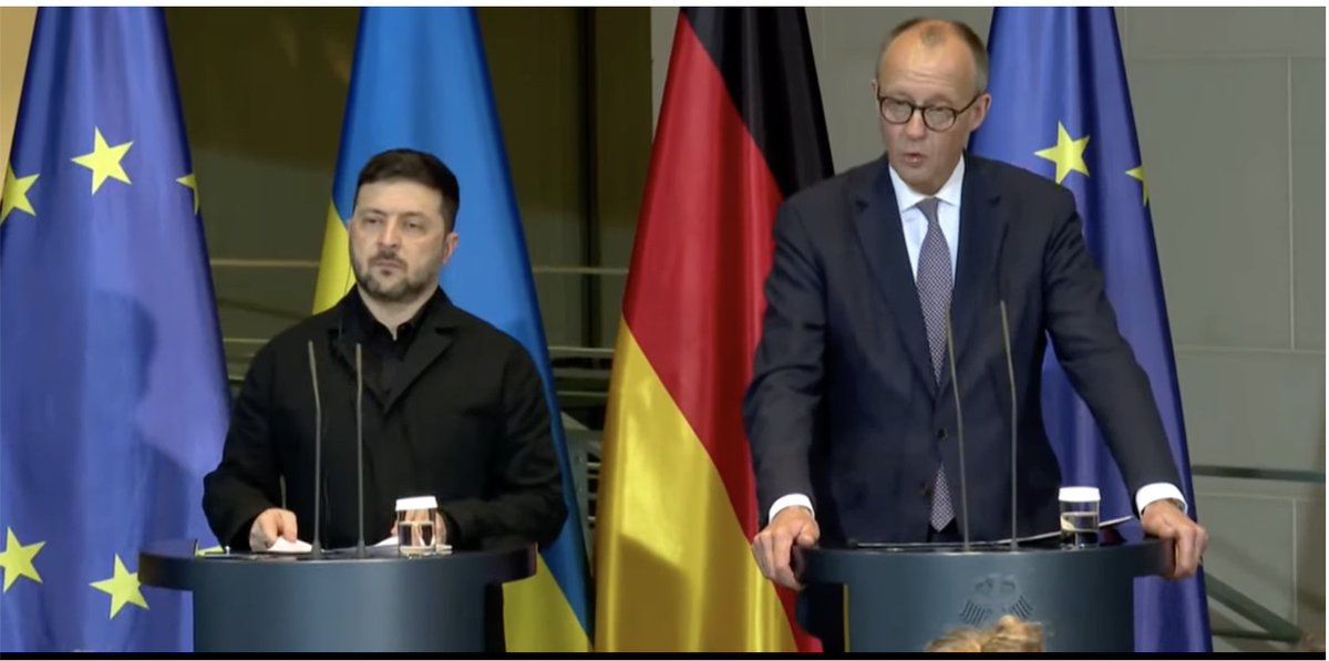 Bundeskanzler Friedrich Merz gerade auf der gemeinsamen Pressekonferenz: "Lieber Wolodymyr, wohl zum ersten Mal seit dem 24. Februar 2022 wird in diesen Tagen die Möglichkeit eines Waffenstillstands vorstellbar. Den Weg zum Frieden wollen wir gemeinsam gehen, mit euch Ukrainern,