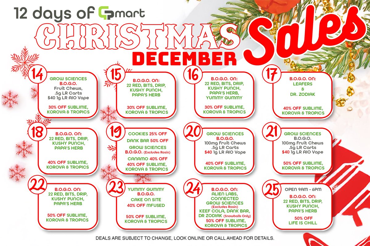 GREENPHARMSaz's tweet photo. 🎄Our 12 Days of GP MART Sale is happening NOW!!! 🎅 Happy HoliDAZE!! https://t.co/kKfX1GvYY1