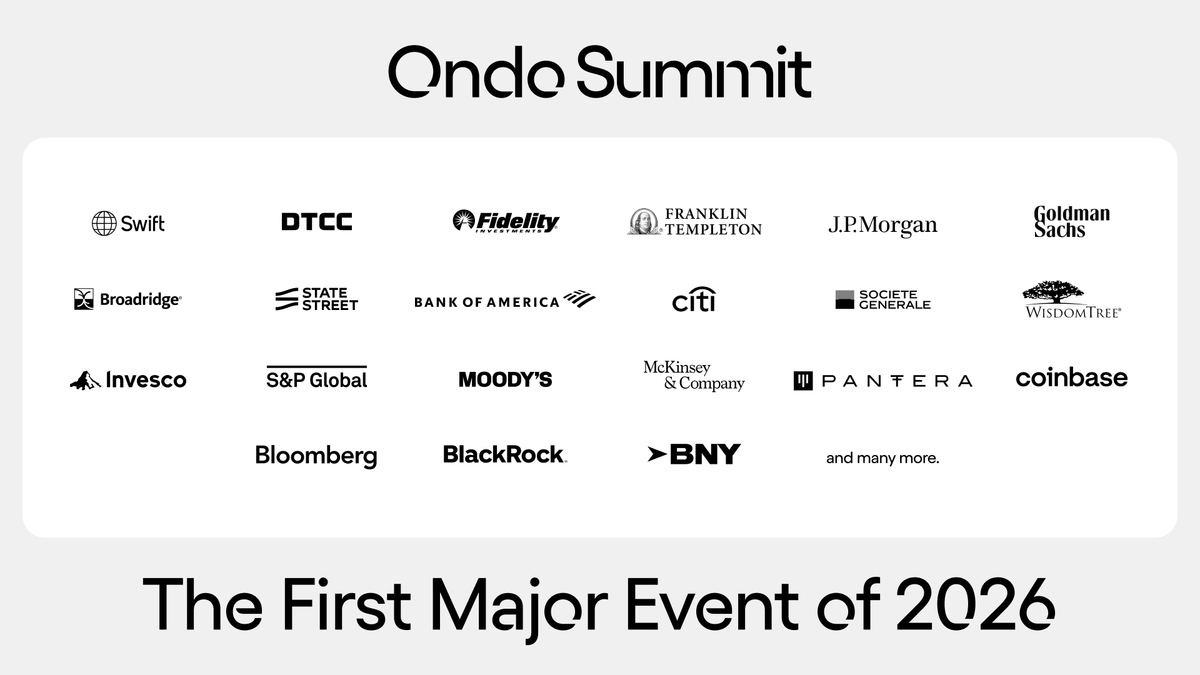 OndoFinance's tweet image. The biggest players will be there:

✅ Citi
✅ BNY
✅ Swift
✅ DTCC
✅ Invesco
✅ Fidelity
✅ Pantera
✅ Moody's
✅ Coinbase
✅ BlackRock
✅ Bloomberg
✅ Broadridge
✅ J.P. Morgan
✅ S&amp;amp;P Global
✅ State Street
✅ WisdomTree
✅ Goldman Sachs
✅ Bank of America
✅ Société Générale…