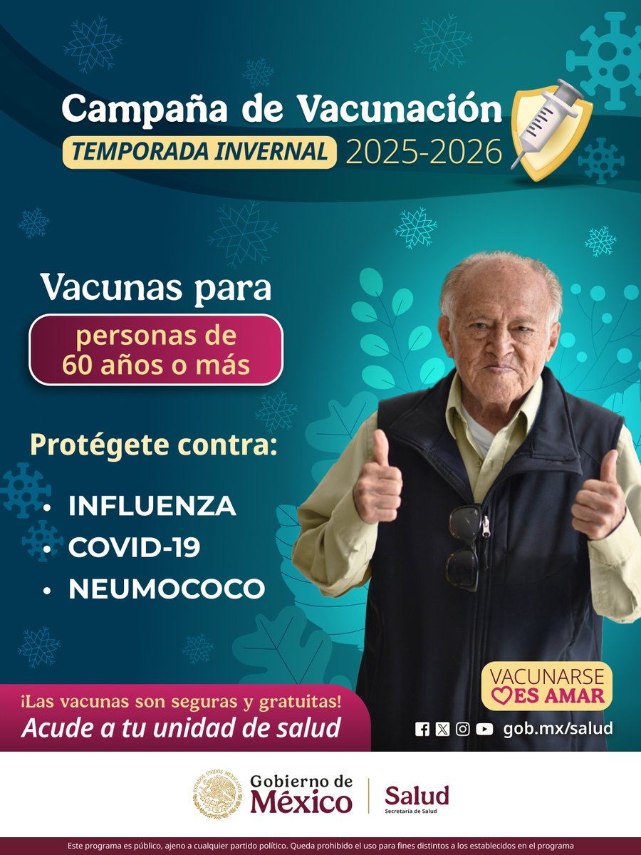 SSaludGro's tweet image. Durante estos meses fríos, protégete de enfermedades respiratorias.🩺

Si tienes 60 años o más, acude a tu unidad de salud y vacúnate contra #influenza, #COVID19 y #neumococo.🏥

Las vacunas son seguras y gratuitas para toda la población.💉