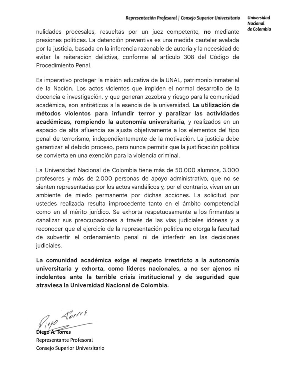 Comunicación de “Rechazo público formal a la solicitud de liberación de 11 individuos presuntamente implicados en actos de terrorismo y vandalismo dentro de la Universidad Nacional de Colombia” <a href="/UNALOficial/">Universidad Nacional de Colombia</a>