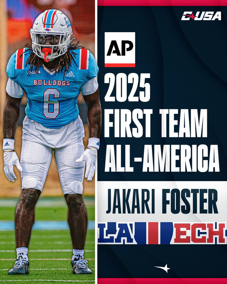 ConferenceUSA's tweet photo. 🏈 FIRST TEAM AP ALL-AMERICA 🏈

🏆 Jakari Foster, @LATechFB 

#NoLimitsOnUs | #HBTD