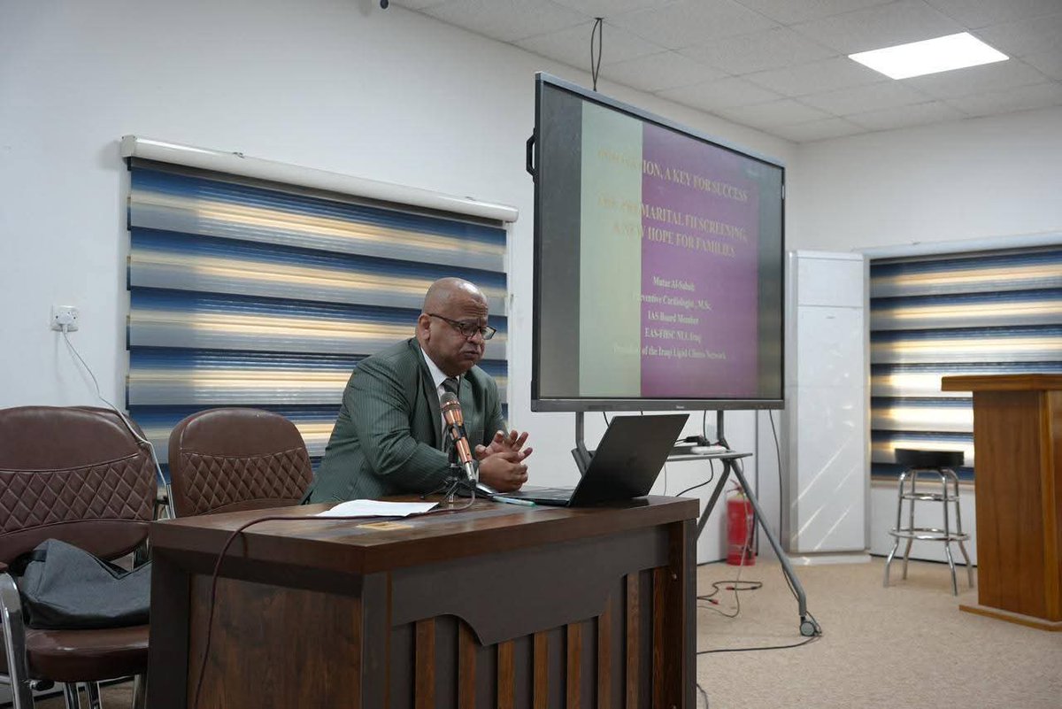 atherosociety's tweet photo. IAS Board Member @MutazAlsabah, MD, joined the College of Pharmacy of the University of Al-Qadisiya in Iraq for their annual event on innovation. 

During the event, Dr. Al-Sabah spoke about his work, co-authored with @rauldsf_santos, MD, PhD, highlighting premarital familial hypercholesterolemia and the hope it represents to reducing the burden of HoFH in areas like the Middle East and Africa.