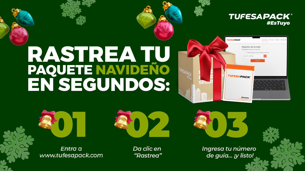 🎁🔎 ¿Tu regalo navideño ya va en camino?
Con TUFESAPACK puedes rastrearlo en segundos:
1️⃣ Entra a tufesapack.com
2️⃣ Clic en “Rastrea”
3️⃣ Ingresa tu número de guía
📦🎅 ¡Sigue tu paquete en tiempo real y vive la magia del envío navideño!
#TUFESAPACK #EsTuyo