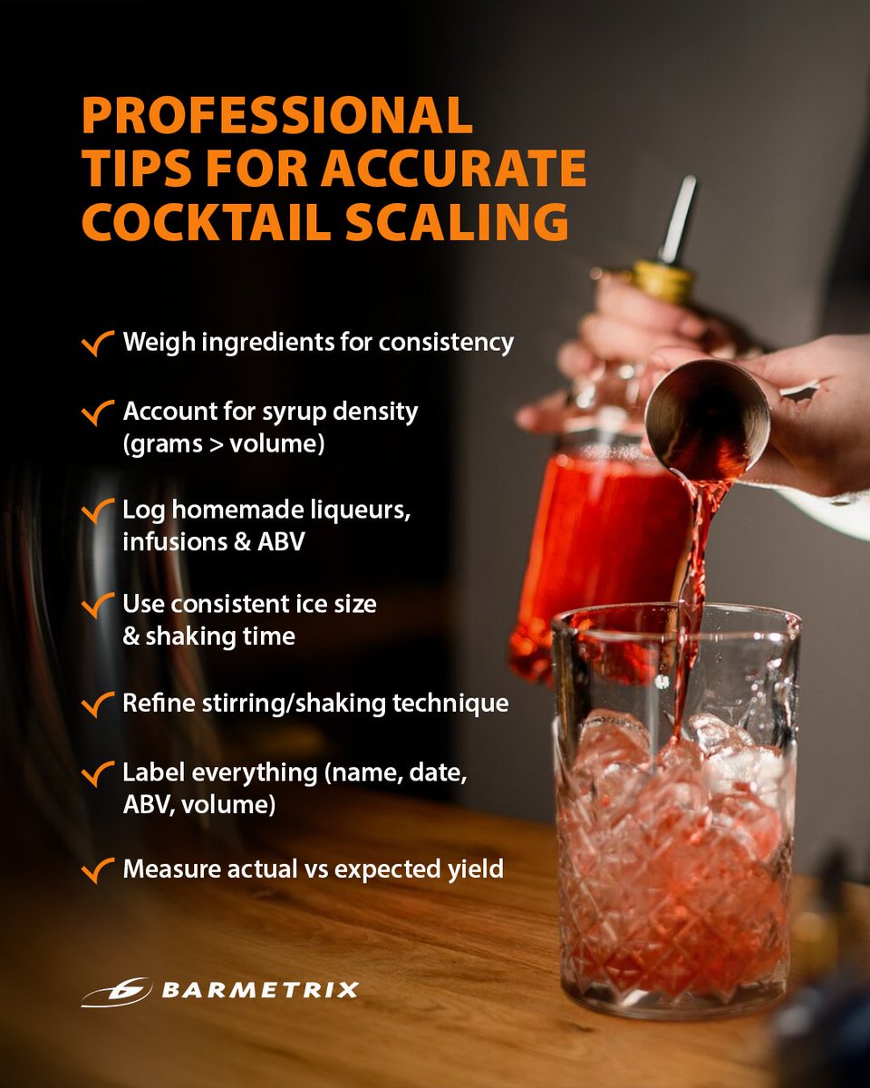 Barmetrix's tweet photo. Better cocktail scaling = better inventory accuracy.

Small mistakes add up fast — tighten the process, tighten the numbers.

#barinventory #costcontrol #cocktailbatching #bartenderlife #barmetrix https://t.co/3B9KhQJLFU