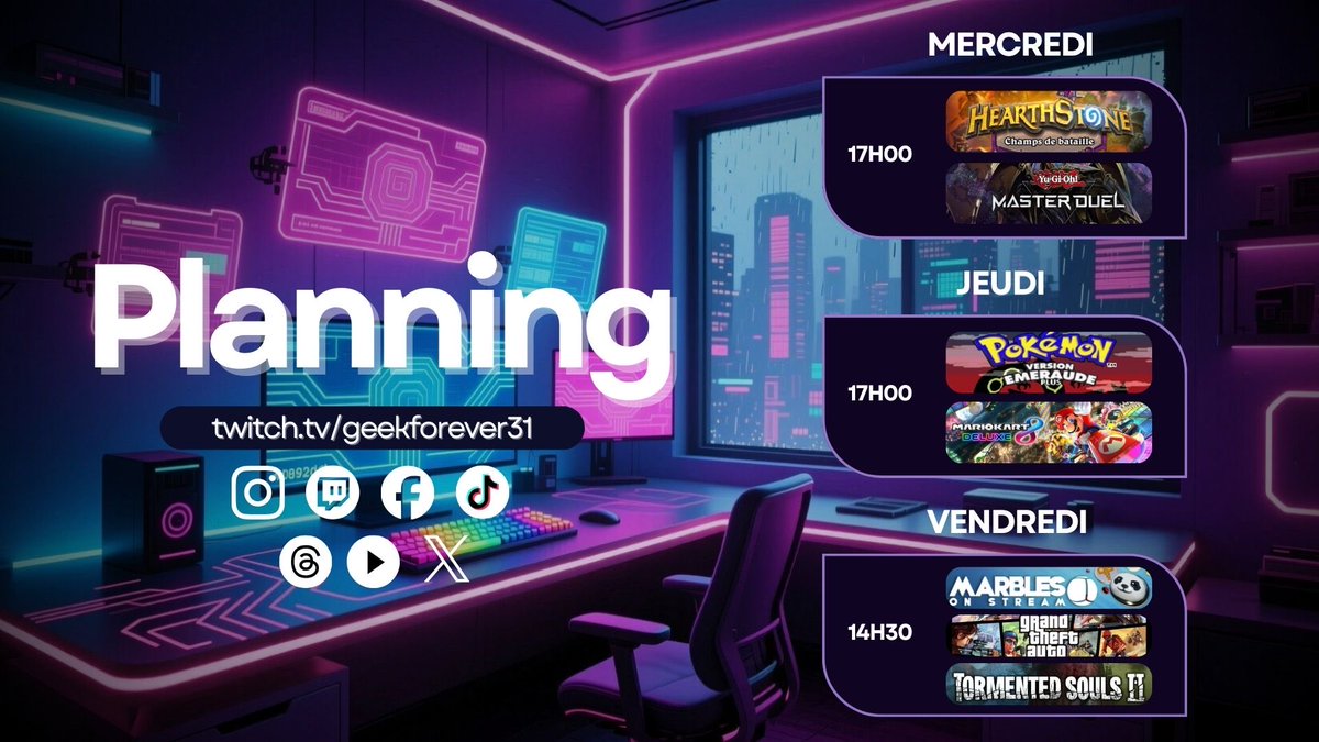 Mercredi vers 17h00 On va jouer à Hearthstone Mode champ de bataille et Yu-gi-oh! 

Jeudi vers 17h00 On va continuer Pokémon émeraude plus et Mario kart 8 Deluxe 

Vendredi vers 14h30 On va geeker sur Marble on stream , GTA V Online, Tormented soûls 2 

twitch.tv/geekforever31