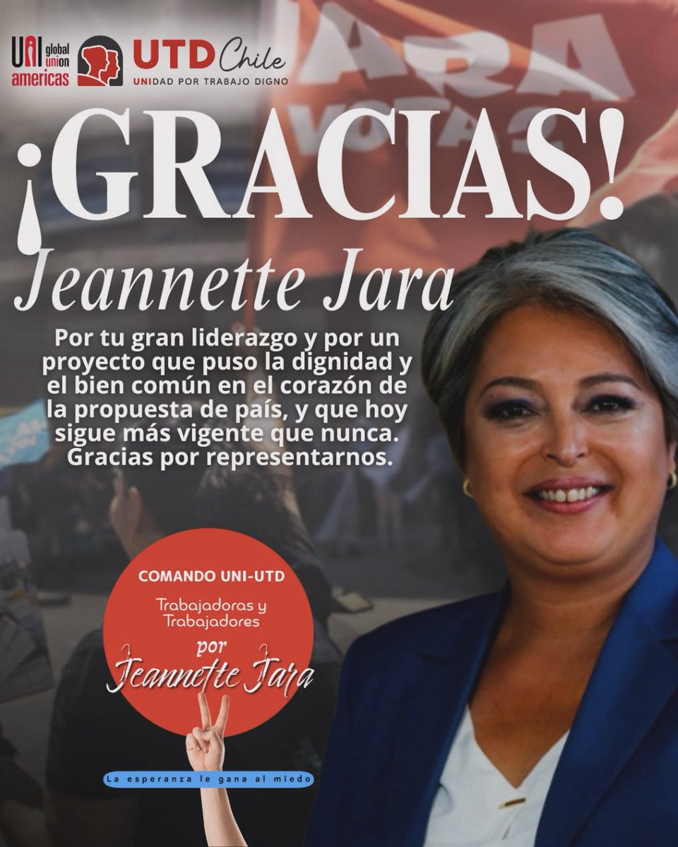 📍muchas gracias <a href="/jeannette_jara/">Jeannette Jara Román</a> por el enorme liderazgo y por impulsar un proyecto que instalaba las bases de un estado solidario y un mejor país.
👉Seguiremos juntas y juntos en la defensa de nuestros derechos y promoviendo mejoras desde el mundo social y sindical.