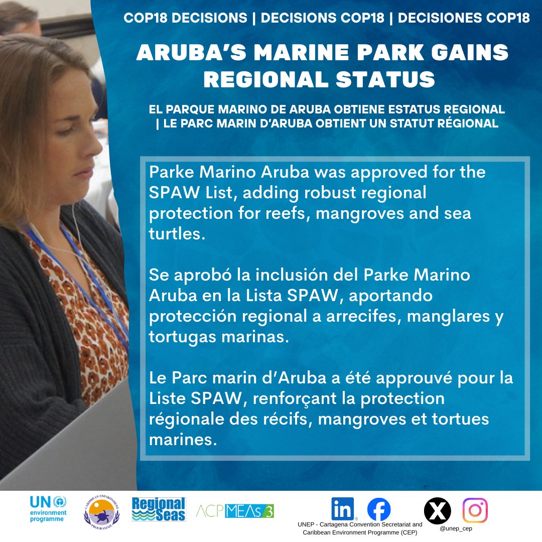 COP18 approved Parke Marino Aruba for the SPAW List, boosting   protection for its reefs, mangroves &amp; sea turtles.   🌿🌊
A major step for regional biodiversity &amp; UNEP-CEP-led   conservation.
#COP18 #UNEPCEP #SPAW #Aruba #CaribbeanSea