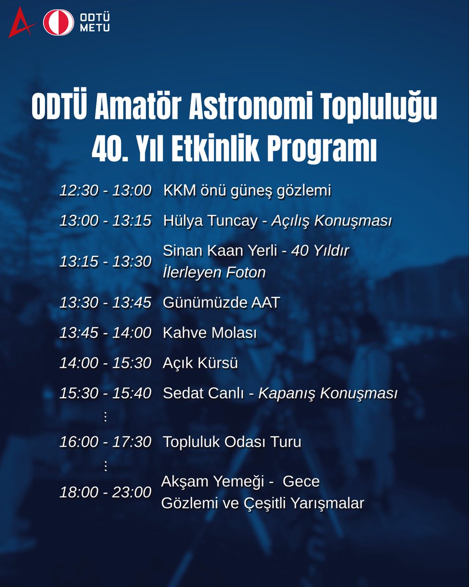 ODTUAAT's tweet photo. ODTÜ Amatör Astronomi Topluluğu 40 Yaşında🎉

Bizler ODTÜ Amatör Astronomi Topluluğu’nun bugünkü yıldız çocukları olarak 40. yılımızı hep birlikte kutlamak istiyoruz! ODTÜ Amatör Astronomi Topluluğu 40. Yıl Etkinliğine hepiniz davetlisiniz!💫 https://t.co/p5noLyz0YF