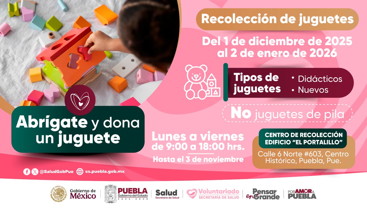 El Voluntariado de la Secretaría de Salud te invita a la colecta "Abrígate y dona un juguete".

¡Juntos llevaremos alegría a las niñas y niños de Puebla!

<a href="/Gob_Puebla/">Gobierno de Puebla</a> #PensarEnGrande #PorAmorAPuebla