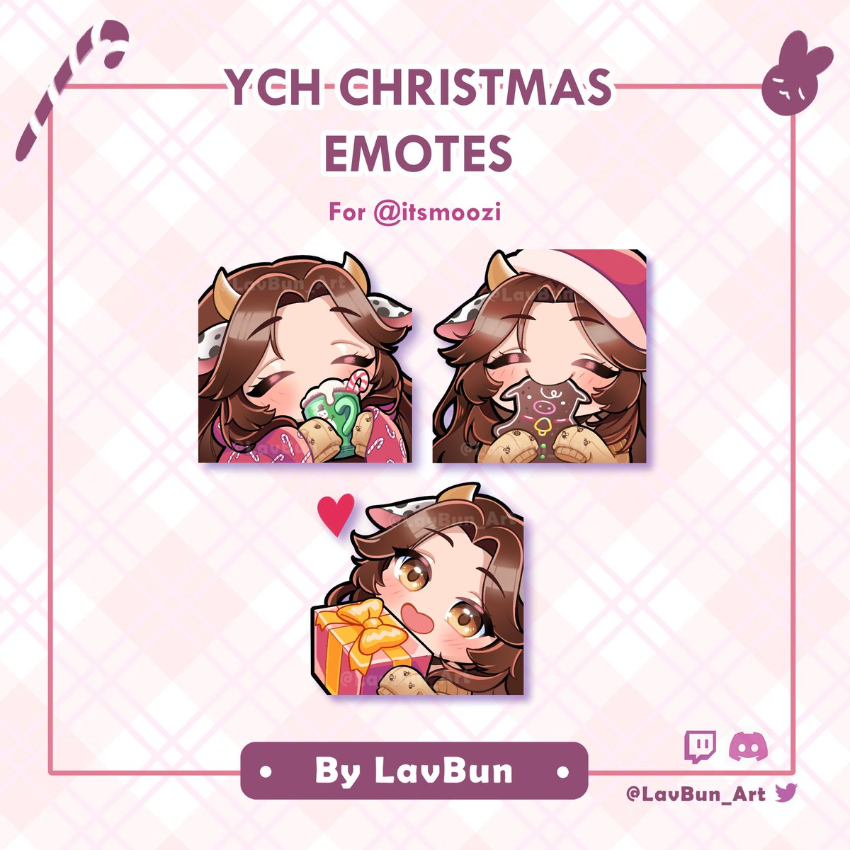 Posts have been feeling a lil invisible lately, but thats okay! Just need to keep pushing forward 😇

✨ Completed Christmas emotes for the lovely <a href="/itsmoozi/">moozi 🐮🐝 vtuber</a>!✨ 

#VgenComms
