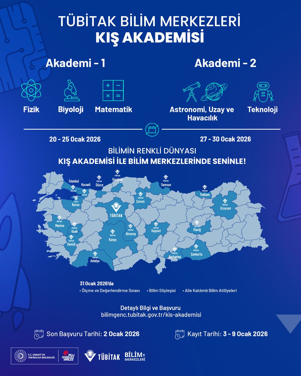 ❄️TÜBİTAK Bilim Merkezleri Kış Akademisi Başlıyor!

🧐Yarıyıl tatilinde bilimin renkli dünyasını keşfetmeye hazır mısınız?

✨Türkiye’nin dört bir yanındaki TÜBİTAK destekli bilim merkezlerimizde gerçekleşecek Kış Akademisi programı kapsamında;

⚛️🔭Akademi 1’de fizik, biyoloji
