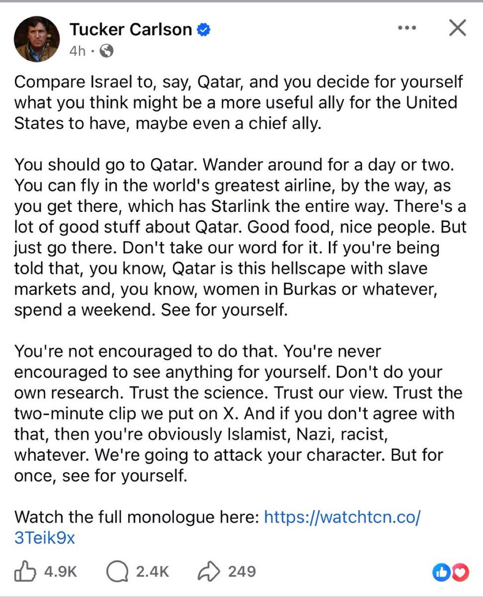 LauraLoomer's tweet image. Tucker Qatarlson says Qatar should replace Israel as our chief ally. 

How much money is Qatar paying people to push nonstop Islamic propaganda? 

Any candidate who aligns with this is unfit to hold office. You cannot be a serious person and call Tucker Carlson an advisor in any
